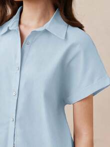 Nueva llegada Camisa casual de manga corta con botones delanteros de unicolor, adecuada para uso diario, primavera/verano - Azul - Ver 7