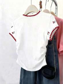 Blusa casual de mujer, con diseño estampado de cerezas elegante, cintura fruncida favorecedora, adecuada para verano, vuelta al colegio, uso diario, fiesta, cita, que llama mucho la atención - Blanco 2 - Ver 2