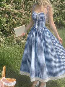 Vestido midi de estilo romántico y campestre con estampado de cuadros rojos y blancos - Celeste - Ver 4