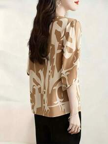 1 pieza Blusa elegante y casual minimalista de mujer con cuello redondo y manga media, con estampado, adecuada para uso diario y vacaciones, primavera/verano/otoño - Color albaricoque intenso - Ver 4