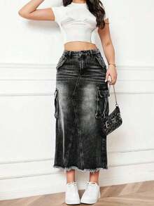 Minifalda de mezcla de algodón para mujer, de unicolor, con bolsillos, adecuada para todo el año, casual, negra, primavera - Negro - Ver 3