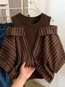 Conjunto de vacaciones para mujer con camisa a rayas de dos piezas falsa - Café integral - Ver 1