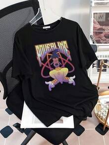 Animated Character Figure Conveying Energy And Confidence With Purple And Yellow Gradient Colors Evoking Inner Power And Universal Connection; Comfortable Casual Women's T-Shirt For Everyday Wear - Black - View 3