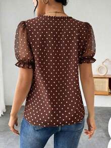 Blusa de gasa con estampado de lunares francés de moda para mujer, diseño elegante y elegante de manga corta con volantes para el verano - Marrón - Ver 2