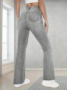Jeans de campana clásicos y versátiles, cómodos y elásticos para adolescentes - Gris - Ver 2