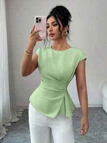 Conjunto de primavera para mujer para exteriores, adecuado para Año Nuevo, Día de San Valentín, Pascua, Día de la Madre, fiesta de Oriente Medio, boda, elegante vacación romántica francesa, lugar de trabajo, blusa sin mangas con cintura ceñida y v - Verde - Ver 1