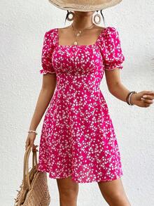 Vestido de mujer de manga corta con cuello cuadrado y estampado floral elegante, vestido de mujer con manga abullonada, vestido floral para vacaciones con cintura, vestido de verano para mujer, vestidos lindos para mujer, vestido floral rojo, vest - Rosa Fucsia - Ver 3