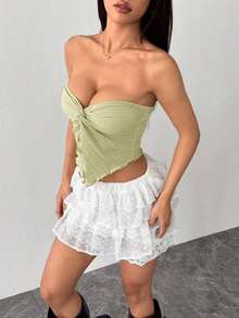 Top tubo de punto de textura amarillo ganso para mujer con abertura anudada en el medio delantero y borde ondulado, ajuste ceñido, para uso en fiestas, vacaciones y otoño/invierno - verde menta - Ver 8