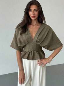 Blusa de manga de murciélago de unicolor elegante para mujer, de verano - Caqui - Ver 4