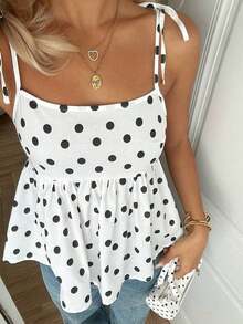 Camiseta de tirantes de mujer con lunares tejidos en blanco - Blanco y Negro - Ver 4