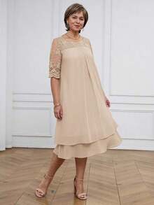 Medorina Vestido de mujer con cuello redondo, manga corta, volantes en el bajo y encaje en contraste, conjunto de verano para vacaciones para mujer en primavera y verano - Caqui - Ver 6