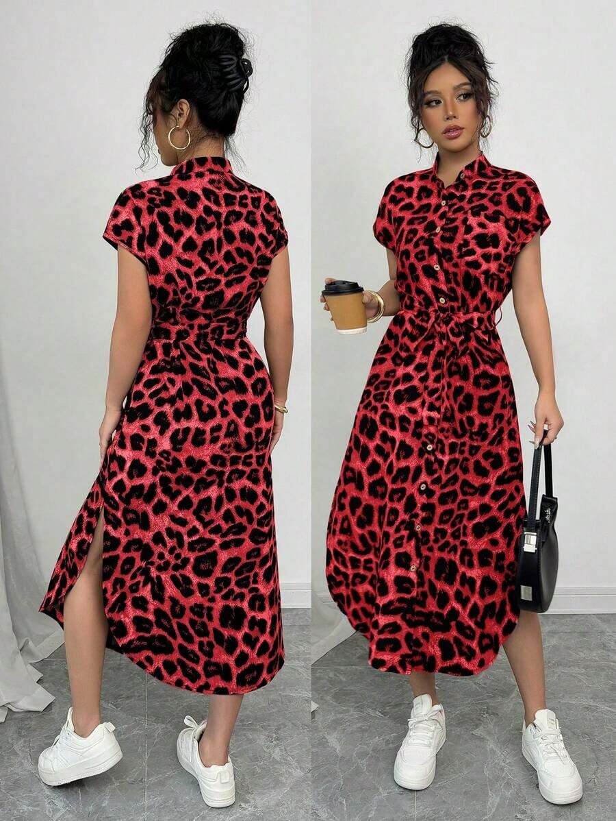Vestido largo de manga corta para verano 2025, nuevo, con bolsillo, abertura lateral, cinturón y lazo, estampado de leopardo, para uso casual y de viaje - Rojo - Ver 1
