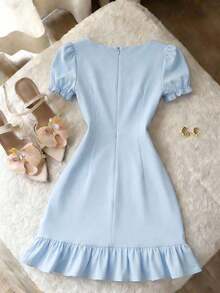 Vestido casual de línea A de manga corta con cuello cuadrado y perlas, unicolor elegante, adecuado para invitados, banquetes, cumpleaños, fiestas, verano/otoño, citas, ir al trabajo, estilo callejero, color albaricoque - Azul - Ver 2