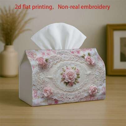1 pieza Caja de pañuelos con estampado 2D, no bordado real, decoración de rosa de encaje - Dispensador de servilletas multiusos para el hogar, fiestas, decoración de automóviles - Caja decorativa para almacenamiento de pañuelos de papel para la sala de estar, mesa de noche - Compatible con hojas/rollos de pañuelos