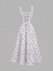 MOD Vestido floral con panel delantero de encaje, cuello cuadrado, espalda recogida con lazo, vestido de fiesta, vestido de brunch, vestido de vacaciones, vestido de banquete, vestido del Día de San Valentín, atuendos de vacaciones en la playa, estilo bohemio, vestidos de verano, vestido maxi floral blanco y azul para invitada de boda, estilo cottagecore, vestido línea A sin mangas de cuello cuadrado, vestido de verano elegante para boda en jardín, fiesta de cóctel, compromiso, reunión festiva - Multicolor - Ver 2