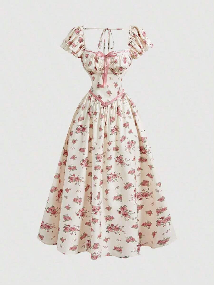 MOD Vestido de longitud media con mangas tipo gorra y estampado floral para mujer - Multicolor - Ver 1