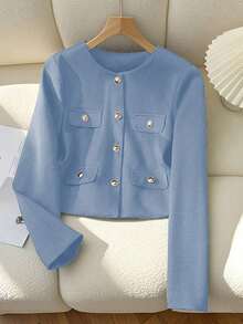 Chaqueta minimalista de mujer de unicolor con botones delanteros y mangas largas, elegante y casual, ligera para primavera y otoño, color negro - azul claro - Ver 2
