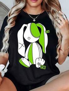 Conejo abstracto con orejas largas verdes que simboliza ternura y energía juvenil en trazos modernos camiseta de mujer 100% algodón 220g - Negro - Ver 2