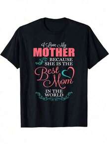 Camiseta con un mensaje emocional: Amo a mi mamá porque es la mejor mamá.Suave, cuello redondo, mangas cortas, ropa casual para todo el año.Un regalo para mamá e hijos.Diseño de texto llamativo.Camiseta, blusas para mujer, playeras de mujer, tops de mujer, tops, ropa de mujer. - Negro - Ver 2