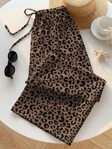 Pantalones Largos Para Mujer Con Estampado De Leopardo Y Cordón De Ajuste - Blanco 2 - Ver 4