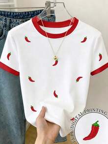 Camiseta casual de mujer con bloque de color y bordado de limón en cuello redondo - Blanco 9 - Ver 1