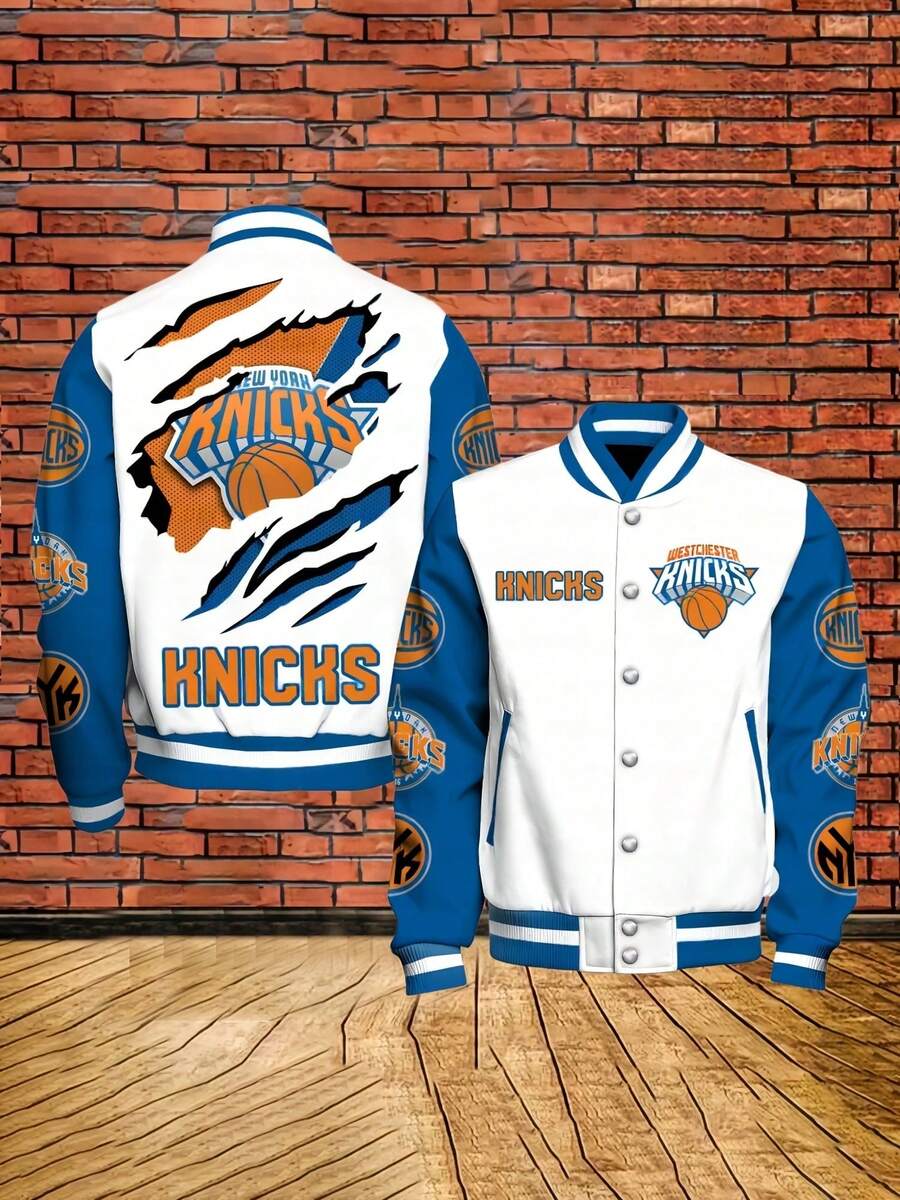 Ne-W York Knicks Basketball Graphic Baseball Coat Men's And Women's Snap Button Varsity Jacket Sporty Style For Fans And Gift Lovers - 混合色 - 查看 1