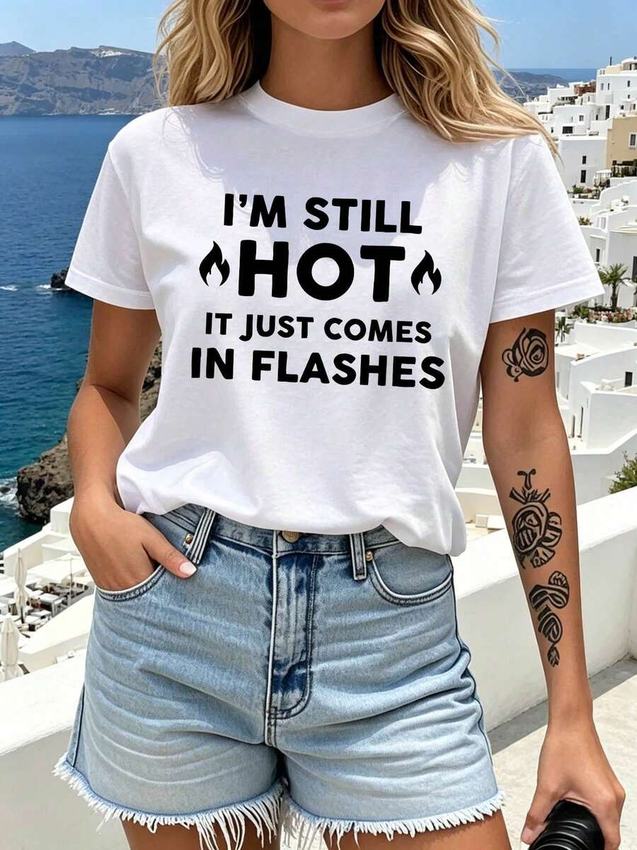 Camiseta para mujer Sigo siendo , viene en destellos - Top divertido con eslogan, manga corta y cuello redondo compatible con blusa | Ropa casual de primavera y verano, elasticidad media, no camiseta, adecuada para fiestas, vacaciones y atuendos diarios - Blanco - Ver 1