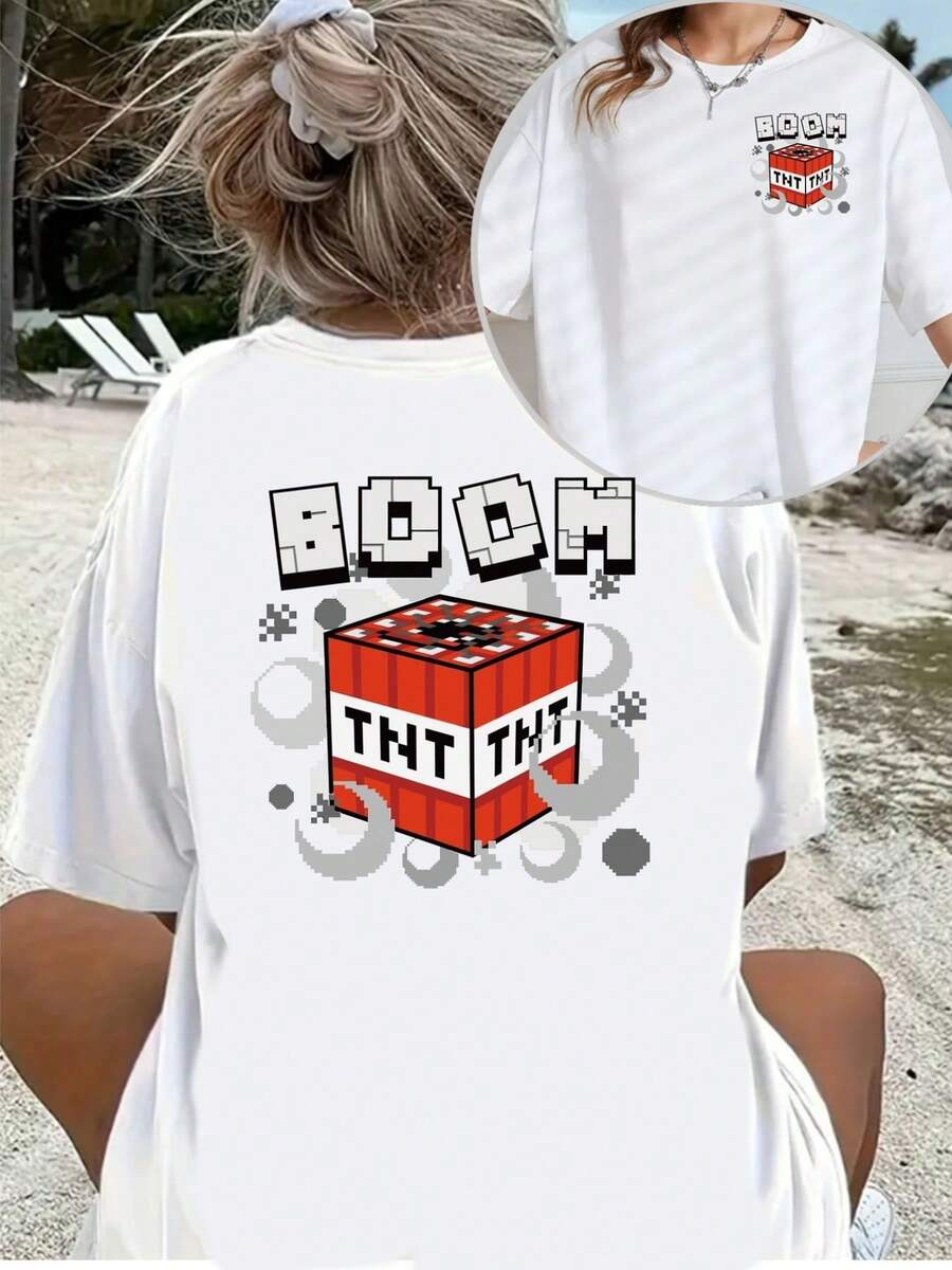 Camiseta de manga corta para mujer con estampado de bomba TNT - Top casual de cuello redondo con gráfico de TNT en la parte delantera y trasera, ajuste para todas las estaciones, diseño icónico de bomba para atuendos casuales y eventos temáticos (lavable a máquina) Y2k Camiseta Camisa De - Blanco - Ver 1