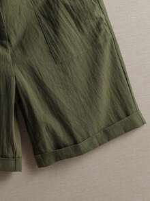 Pantalones de lino minimalistas casuales de unicolor para mujer, talla pequeña - Verde militar - Ver 4
