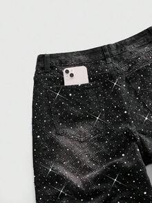 Pantalones cortos de mezclilla lavados con bordado de cruz de diamantes brillantes, de uso casual, de moda y para el transporte diario en verano para hombres - Negro 3 - Ver 5