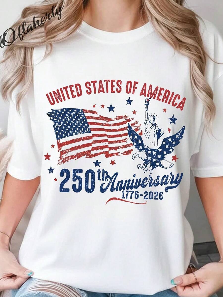 Camiseta del 250 aniversario, camiseta del 250 cumpleaños de América, camiseta del 250 año de libertad, camiseta del 4 de julio, Día de la Independencia. Camiseta unisex de algodón puro de 220 g, peso ideal para todas las estaciones, adecuada tanto para hombres como para mujeres. Tejido duradero de alta calidad, suave al tacto y de larga duración. Parte superior transpirable. Adecuada para la primavera y el verano de las mujeres, vacaciones, Día de la Madre, Día de la Independencia. - Blanco - Ver 1