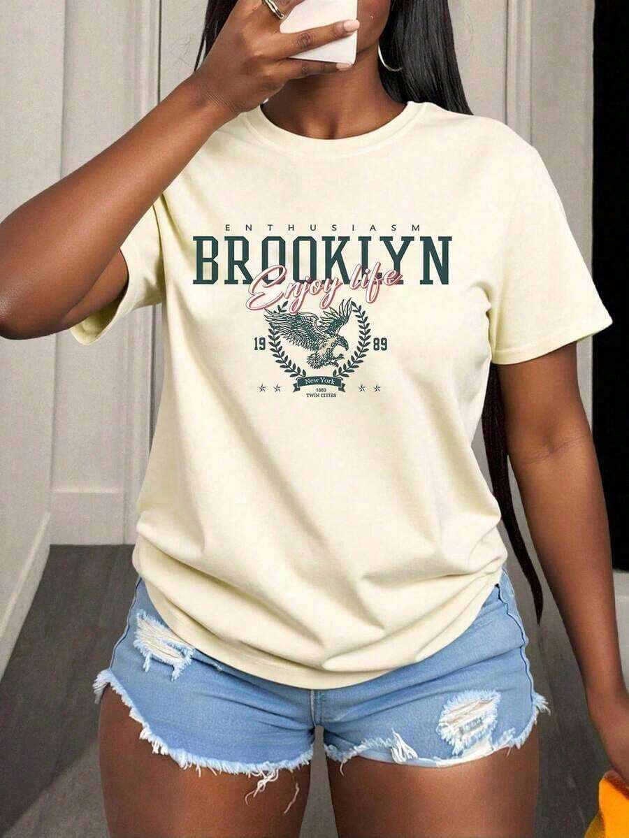 1 Pieza de Moda Casual para Hombres y Mujeres. Camiseta de manga corta casual con estampado de letras de corte ajustado para mujer de BamGlam. Camisetas gráficas para mujer. Versátil, fácil de combinar, adecuada para uso diario, estilo urbano, ropa de vacaciones, ropa de fin de semana. - Albaricoque - Ver 1