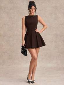 Vestido negro sólido, minimalista y sexy de corte evasé en tono burdeos para mujer, vestido para citas, vestido de dama de honor corto, vestido negro elegante para primavera/verano - Café integral - Ver 4
