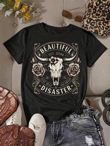 Nueva camiseta de mujer para otoño-invierno, de manga corta con cuello redondo, ideal como prenda básica. Con diseño holgado y estampado moderno, hecha de algodón puro de alta calidad, ofrece comodidad y una sensación agradable en tu día a día. - Negro 2 - Ver 2