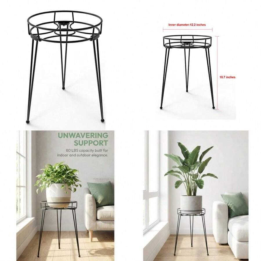 Midcentury Modern Metal Potted Plant Stand 18.7 Inch Tall Flower Pot Holder Large Rustproof Iron Garden Container Heavy Duty Rack for Planter, Black - 475 cm de alto, color negro. - Ver 1