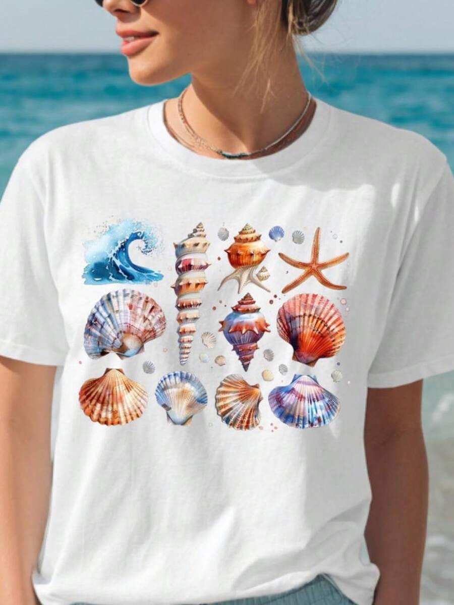Camiseta de playa con conchas marinas, camiseta gráfica de verano costera, camiseta con conchas marinas, atuendo de vacaciones, regalo para amantes de la playa, camiseta con estética playera. Camiseta unisex de algodón puro de 220 g, peso ideal para todas las estaciones, adecuada tanto para hombres como para mujeres. Tejido duradero de alta calidad, suave al tacto y de larga duración. Top transpirable. Adecuado para la primavera y el verano de las mujeres, vacaciones, Día de la Madre, Día de la Independencia. - Blanco - Ver 1