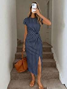 Vestido midi sin mangas con abertura alta, estampado elegante de lazo a rayas rosa, estilo minimalista casual; Vestido de punto de textura casual ajustado para mujer; Conjunto de fitness para mujer; Vestido de invitada de boda para mujer; Atuen - Multicolor 4 - Ver 3