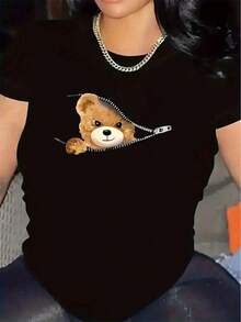 Camiseta de Mujer con Estampado de Oso Teddy - Top Ligero de Poliéster, Casual y Formal para Uso Diario, Lavable a Máquina, Ideal para Casa, Oficina o Cena, Material Transpirable, Blusa Estilosa, Adultos 2YHZ - Negro - Ver 7