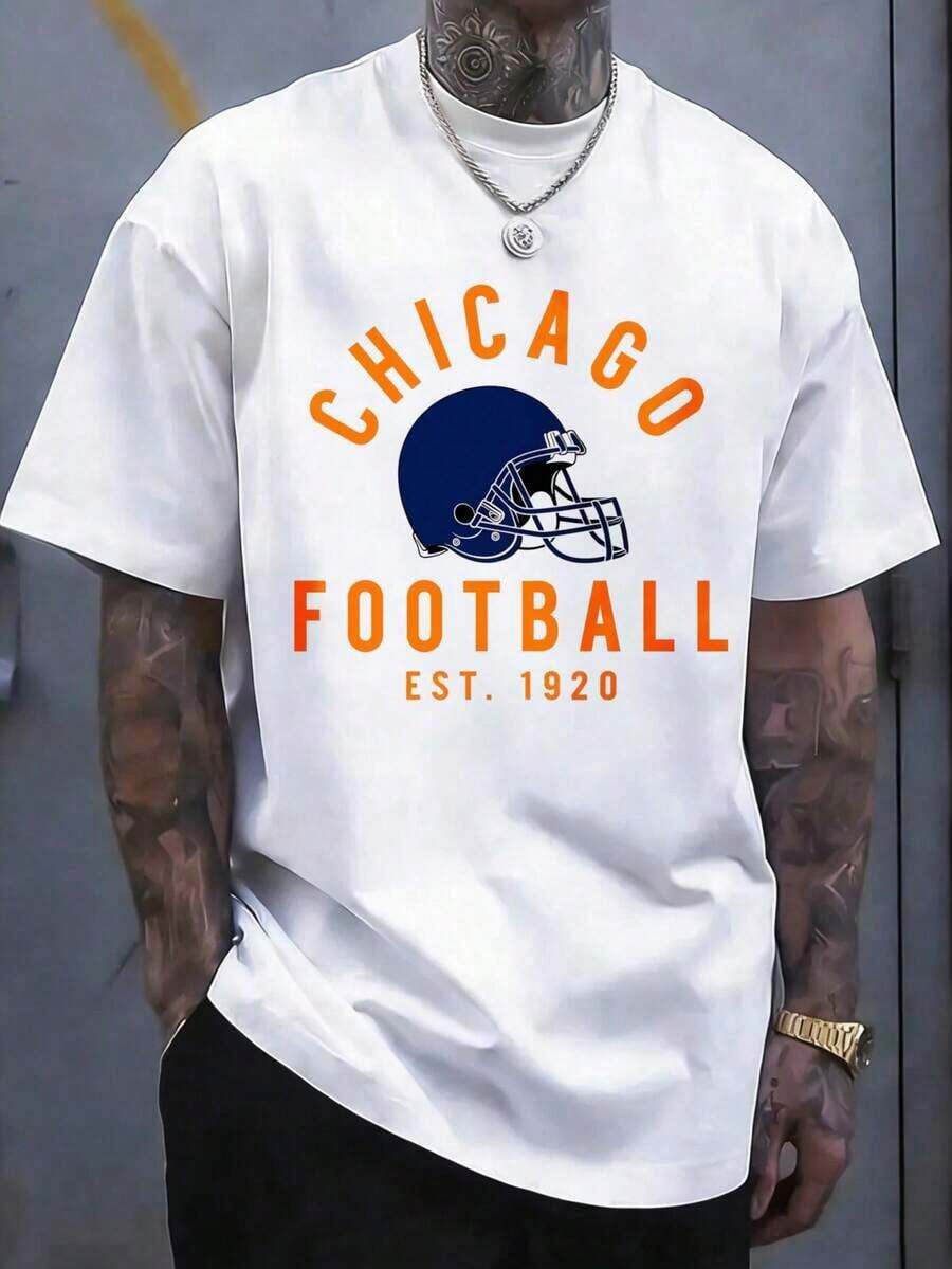 Camiseta Casual Nueva para Hombre, Estilo Vintage Chicago Est 1920 con Casco, Camiseta Negra para Fanáticos de Equipos Deportivos, Diseño Clásico Retro, Manga Corta, Artículo Popular Adecuado para Eventos Deportivos, Fiestas, Excursiones y Otros Regalos Festivos - Blanco - Ver 1