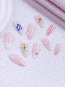 Bộ 24 móng tay giả ngắn hình hạnh nhân, màu nude cổ điển, xanh dương, hồng và xanh lá cây với đầu móng kiểu Pháp, đính đá họa tiết da rắn 3D hình hoa, móng giả bóng bẩy, sang trọng dành cho phụ nữ và bé gái, phù hợp cho mùa xuân/hè, đám cưới, công sở, sử dụng hàng ngày, có thể tái sử dụng với bộ dụng cụ, món quà tuyệt vời cho việc làm móng. - Nhiều màu - Xem 3