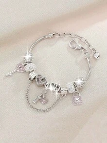 1pc Women's Daily Wear Valentine's Day Snake Chain Heart-Shaped Paw Print Rhinestone Romantic Silver & Pink Charming Bracelet - Multicolor - View 3
