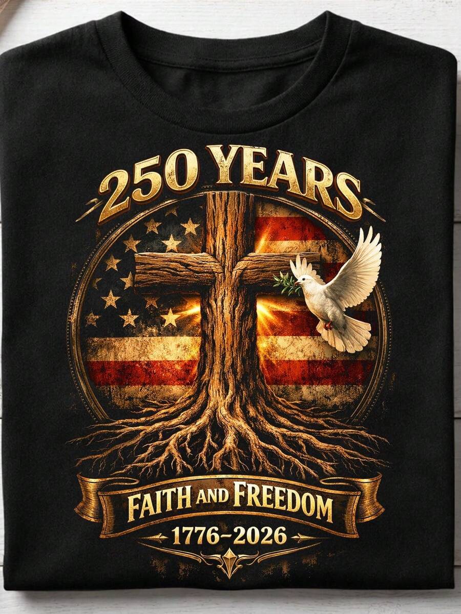 Camiseta 250 años Fe y Libertad 1776-2026, Camiseta cristiana patriótica con la bandera estadounidense, Camiseta del 250 aniversario de EE. UU. Camiseta unisex de algodón puro de 220 g, peso ideal para todas las estaciones, adecuada tanto para hombres como para mujeres. Tejido duradero de alta calidad, suave al tacto y de larga duración. Parte superior transpirable. Adecuada para la primavera y el verano de las mujeres, vacaciones, Día de la Madre, Día de la Independencia. - Negro - Ver 1