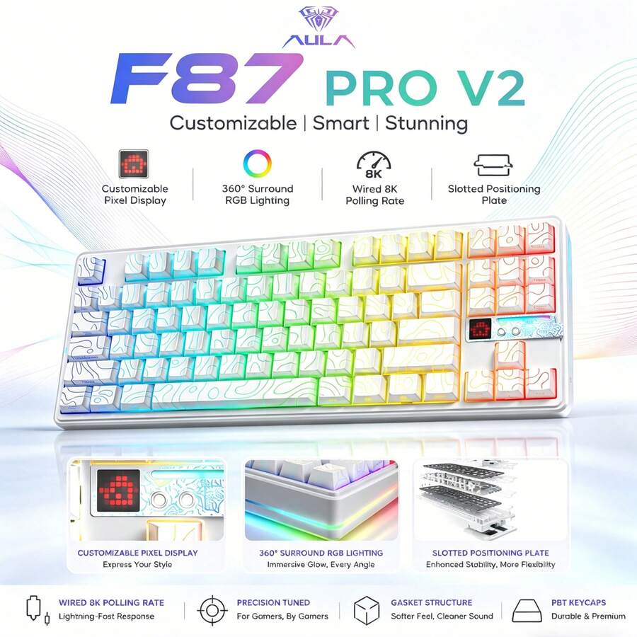 AULA Teclado mecánico personalizado F87 Pro V2, 87 teclas, conexión triple modo con cable/2.4G inalámbrico/Bluetooth 5.0, con pantalla de matriz de puntos programable, frecuencia de sondeo de 8K en modo con cable, latencia baja de aproximadamente 1ms en modo inalámbrico, gaming profesional para esports, iluminación RGB ambiental completa, compatible con sincronización de ritmo musical, interruptor intercambiable en caliente, estructura de montaje con junta