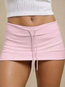 Minifalda de mujer con cintura baja y cordón, para verano - Rosa Pálido - Ver 1