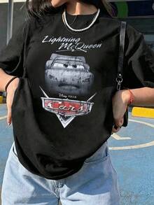 Unisex Disney Cars Vintage Tee, Retro Black & White Print, Casual Fit, Cool Street Vibe. - 黑色 - 查看 2