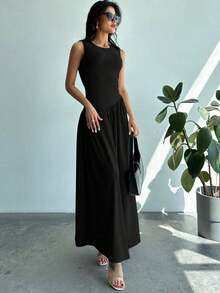 Vestido largo de mujer sin mangas, cuello redondo, cintura fruncida, unicolor, estilo minimalista - Negro - Ver 3