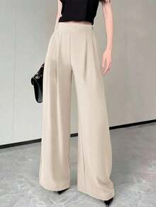Pantalones holgados básicos casuales de cintura alta de unicolor, plisados y de pierna ancha para mujer - Albaricoque 2 - Ver 7
