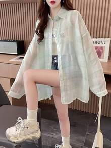 Plaid Long Sleeve Lightweight Loose Fit Casual Sunscreen Shirt For Women, Summer - Green - View 2