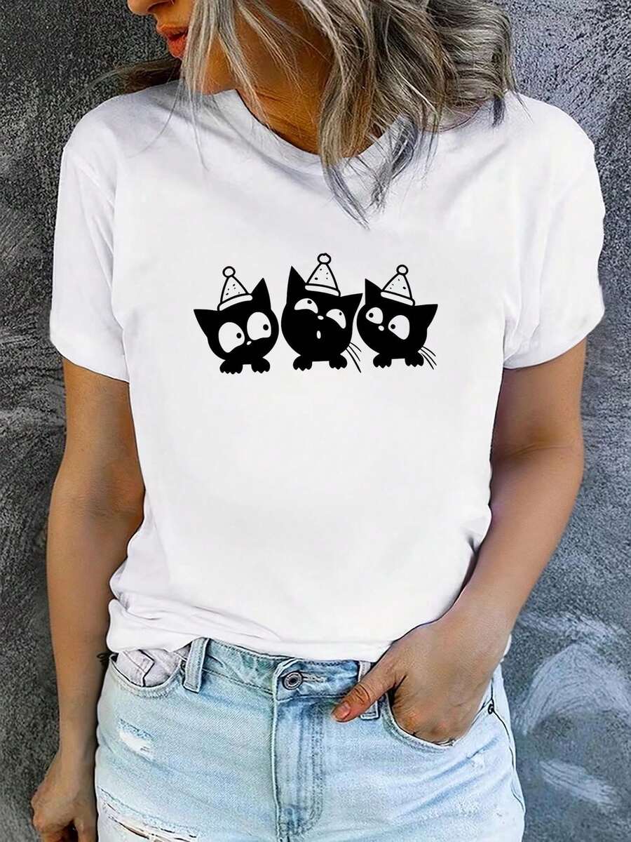 Camiseta de algodón puro para mujer, de manga corta y estampada, moderna y casual, lavable a máquina, de ajuste cómodo. - Blanco - Ver 1