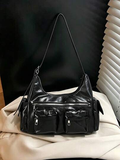 Y2K Style Retro Fashion PU Leather Multi-Pocket Shoulder Hobo Bag, Perfect For Commuting And Daily Outfits